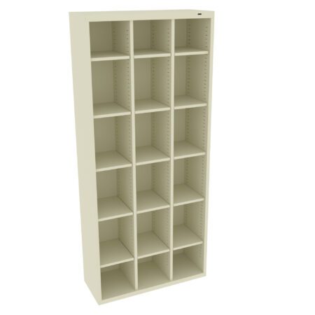 Tall beige shelf with five rows and three columns of square compartments, designed for storage or organization. Each compartment is evenly sized, and the shelf structure is simple and minimalist in design.