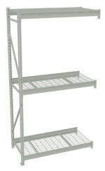 A gray metal shelving unit with three wireframe shelves. The unit has vertical supports with adjustable slots, allowing for customizable shelf heights. The design is open and industrial, suitable for storage or organizing spaces.