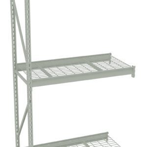 A gray metal shelving unit with three wireframe shelves. The unit has vertical supports with adjustable slots, allowing for customizable shelf heights. The design is open and industrial, suitable for storage or organizing spaces.