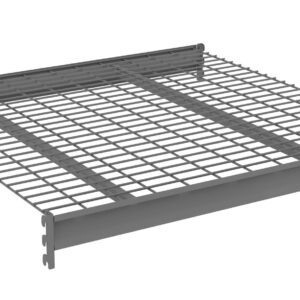 A metal wire shelf with a grid pattern, featuring two parallel support beams underneath, and bracket fixtures on each corner for mounting or attaching. The shelf is designed for storage or organizational purposes.
