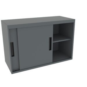 A gray, rectangular cabinet with sliding doors. The left door is closed, and the right door is open, revealing two shelves. The cabinet has simple, modern handles.