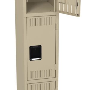 A beige metal locker with three stacked compartments. The top compartment is open, while the middle and bottom compartments are closed. Each compartment has a black handle and ventilation slots. The locker stands on four legs.