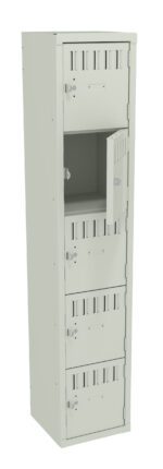 A tall, light gray metal locker with five compartments, three of which are closed and two open. Each compartment has a small handle and vent slits at the top. The locker stands on a plain white background.
