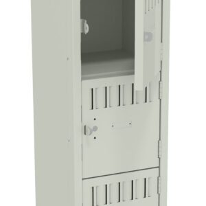 A tall, light gray metal locker with five compartments, three of which are closed and two open. Each compartment has a small handle and vent slits at the top. The locker stands on a plain white background.