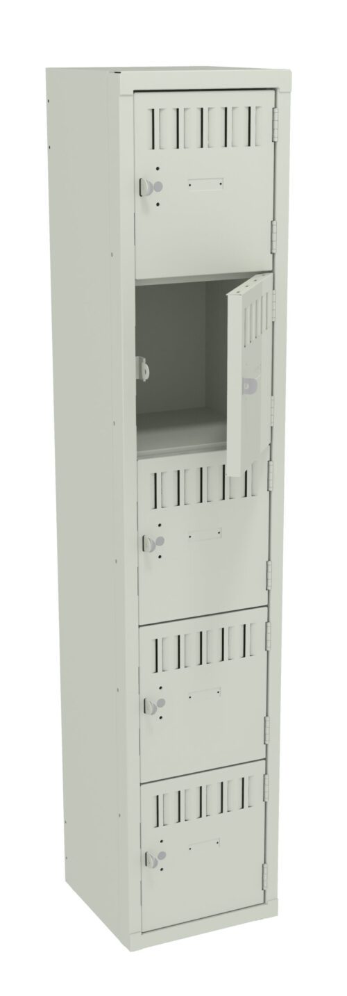 A tall, light gray metal locker with five compartments, three of which are closed and two open. Each compartment has a small handle and vent slits at the top. The locker stands on a plain white background.