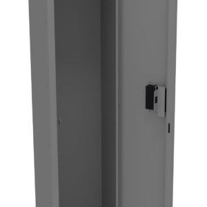 A tall, open gray metal locker with a single door ajar. Inside, theres a shelf near the top and a horizontal bar for hanging items. The door has ventilation slots and a lock. The locker is empty.