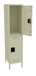 A beige, two-compartment metal locker. The upper compartment is open, revealing an empty space, while the lower compartment remains closed. The locker stands on four legs.