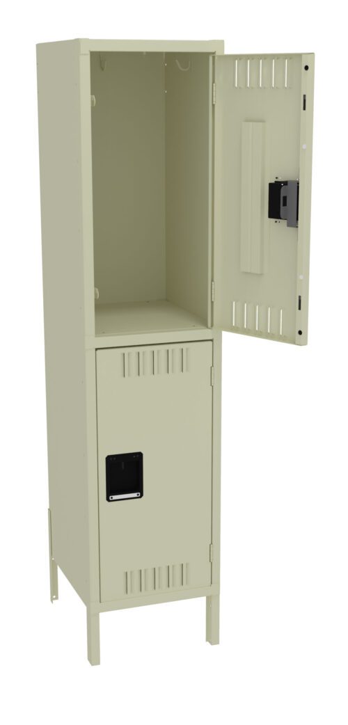 A beige, two-compartment metal locker. The upper compartment is open, revealing an empty space, while the lower compartment remains closed. The locker stands on four legs.