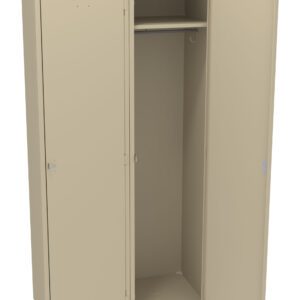 A beige metal wardrobe with two doors; one door is open, revealing an empty interior with a hanging rod and a hook. The wardrobe has a top compartment and a spacious lower section.