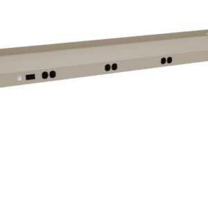 A long, beige metal rack mount shelf with multiple black circular sockets and a rectangular switch or indicator on the front. It is designed to be mounted on equipment racks with secure attachment points on the sides.