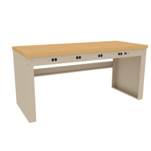 A simple workbench with a wooden top and light gray metal frame. It features a flat, rectangular surface with no visible drawers or shelves, and has three holes along the front edge for potential attachments or cables.