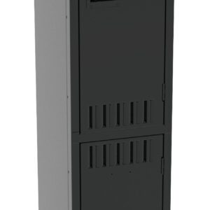 A tall, gray, two-door metal locker with ventilation slits on each door. The locker has recessed handles on both doors and is situated against a plain white background.