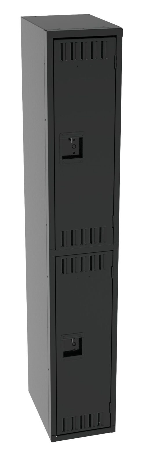 A tall, gray, two-door metal locker with ventilation slits on each door. The locker has recessed handles on both doors and is situated against a plain white background.