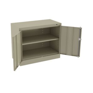 A metal storage cabinet with a beige finish, featuring two doors opened outward. Inside, there are two shelves. The cabinet is simple and unadorned, suitable for office or workshop storage.