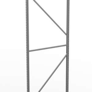 A metal shelving frame standing upright, featuring vertical beams with evenly spaced holes and diagonal support bars for stability, against a plain white background.