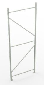 A tall metal shelving frame with two vertical beams and several horizontal and diagonal crossbars. The frame is light gray and stands alone on a white background.
