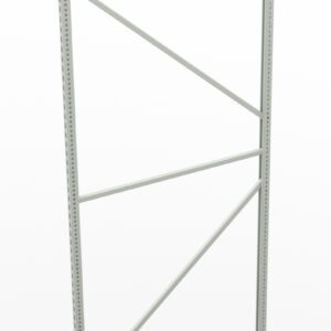 A tall metal shelving frame with two vertical beams and several horizontal and diagonal crossbars. The frame is light gray and stands alone on a white background.