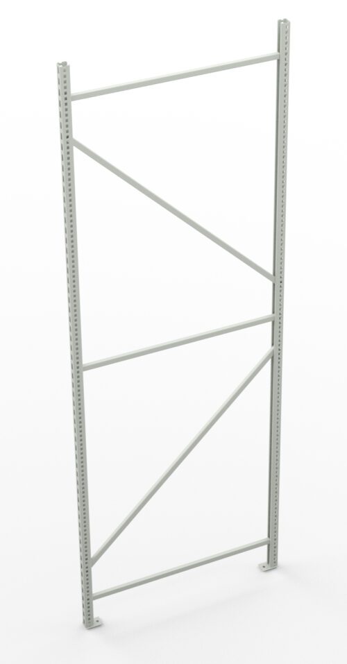 A tall metal shelving frame with two vertical beams and several horizontal and diagonal crossbars. The frame is light gray and stands alone on a white background.
