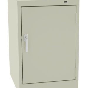 A light gray metal storage cabinet with a single door and a silver handle, shown against a plain white background. The cabinet is rectangular and stands vertically.