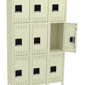 A beige metal locker unit with three rows and three columns of square compartments. One locker door is open, revealing an empty interior. The lockers have black handles and a simple, industrial design.