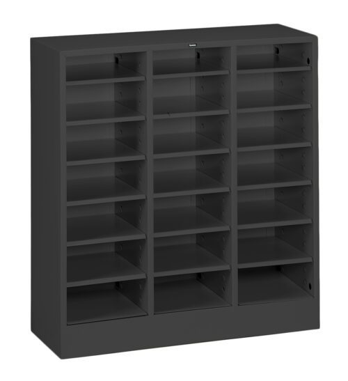 A black, multi-tiered, open-front storage cabinet with four columns, each containing five adjustable shelves, standing on a plain white background.