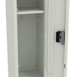 Open metal locker with one shelf and a hook inside. The locker door is slightly ajar, revealing interior storage space. The exterior is a light gray color.