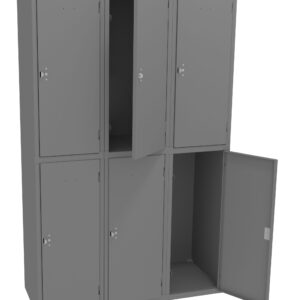 A set of six gray metal lockers with a grid arrangement. Three lockers are on the top row and three on the bottom. The top middle and bottom right lockers have their doors open, revealing empty interiors.