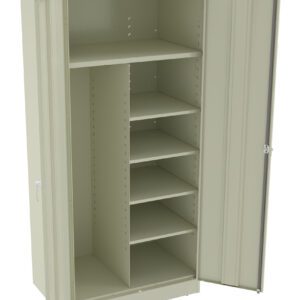 Tall beige storage cabinet with double doors open, revealing multiple adjustable shelves inside. The design is simple and utilitarian, suitable for organizing items in an office or industrial setting.
