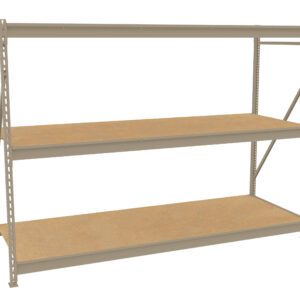 Metal shelving unit with three wooden shelves. The frame is constructed of beige metal beams with perforated edges, providing adjustable height for the shelves. The design is simple and industrial, suitable for storage or organization.
