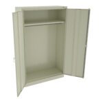 Open beige metal wardrobe with two doors, revealing an empty interior with a clothing rod and one shelf at the top. The wardrobe has a minimalist design and stands on a flat surface.