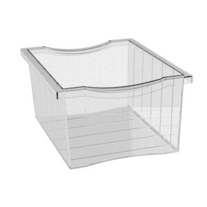 A clear, rectangular storage bin with a curved top edge and ribbed sides is shown. It is empty and made of transparent plastic, providing a view of the interior.