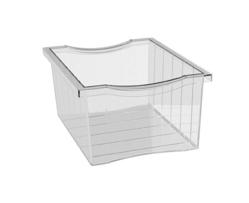 A clear, rectangular storage bin with a curved top edge and ribbed sides is shown. It is empty and made of transparent plastic, providing a view of the interior.
