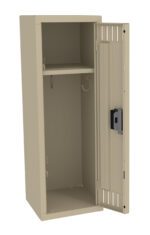Image of an open beige metal locker. The locker has a single shelf near the top and a hook underneath. The door is open to the right, revealing a locking mechanism on the front.