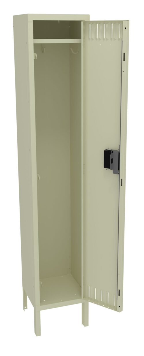 Open beige metal locker with a single door. The interior is empty, featuring a hanging rod and a shelf at the top. The door has a built-in ventilation panel and a lock mechanism. The locker stands on four short legs.