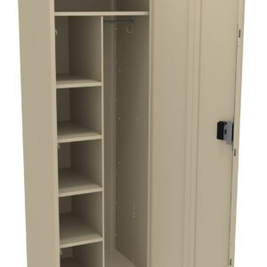 Open beige metal locker with multiple shelves on the left and a vertical compartment on the right. The locker door is open, showing a coat hook in the upper part of the vertical section.