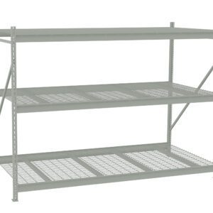 Metal storage shelving unit with three levels. The shelves consist of a solid top and two wire grid layers, supported by a sturdy frame with diagonal bracings. The shelving unit is light gray and designed for heavy-duty storage.