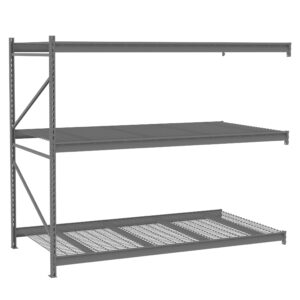 A three-tier metal storage rack with a grid bottom shelf and solid upper shelves. The frame is supported by a vertical strut on the left side. The structure is gray, suitable for industrial or garage use.