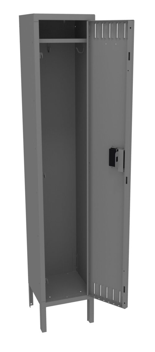 A tall, gray metal locker with an open door is shown. The locker has a lock on the door, a shelf inside near the top, and hooks along the side. It stands on four short legs.