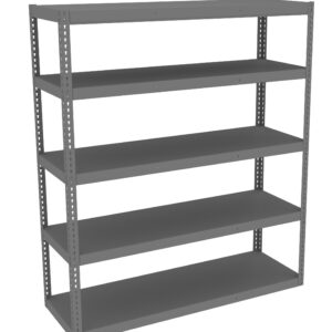 A gray metal shelving unit with five evenly spaced shelves, designed for storage and organization. The shelves are empty, and the unit has a sturdy, industrial appearance.