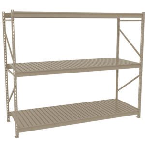 A beige, metal storage rack with three slatted shelves and a sturdy frame. The shelves are evenly spaced, and the rack is empty, showcasing its structure and design. The background is plain white.