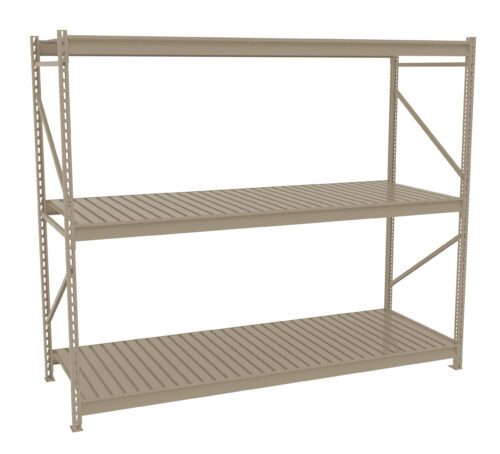 A beige, metal storage rack with three slatted shelves and a sturdy frame. The shelves are evenly spaced, and the rack is empty, showcasing its structure and design. The background is plain white.