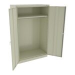 Open beige metal storage cabinet with two doors and a single shelf inside.