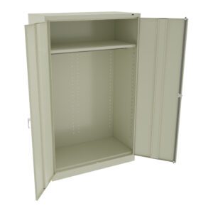 Open beige metal storage cabinet with two doors and a single shelf inside.