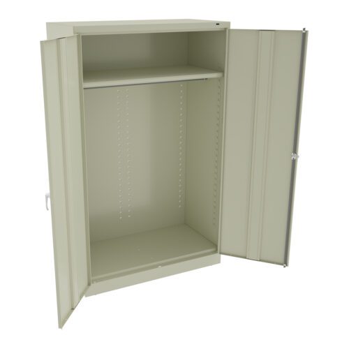 Open beige metal storage cabinet with two doors and a single shelf inside.