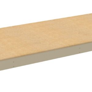 A rectangular, beige wooden shelf with metal edges against a plain white background. The shelf is simple and unadorned, suitable for storage or display purposes.