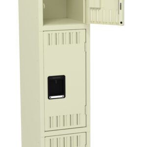 A beige three-compartment locker with one open door at the top. The open compartment reveals an empty interior. The two lower compartments are closed, each featuring a small rectangular handle and ventilation slots.