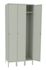 A three-door metal locker with a light gray finish. The third door is open, revealing an empty compartment with a hanging rod and a hook. The locker stands on small legs and has simple, flat-panel doors.