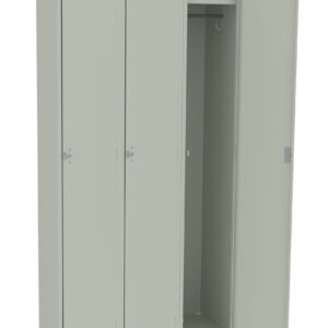 A three-door metal locker with a light gray finish. The third door is open, revealing an empty compartment with a hanging rod and a hook. The locker stands on small legs and has simple, flat-panel doors.