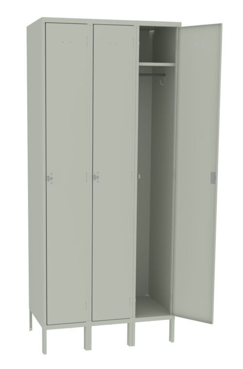 A three-door metal locker with a light gray finish. The third door is open, revealing an empty compartment with a hanging rod and a hook. The locker stands on small legs and has simple, flat-panel doors.