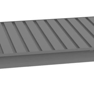 A gray metal shelf with a ribbed surface and hooks on each corner, designed for stacking or mounting. The shelf is shown at an angle, highlighting its rectangular shape and elongated grooves.